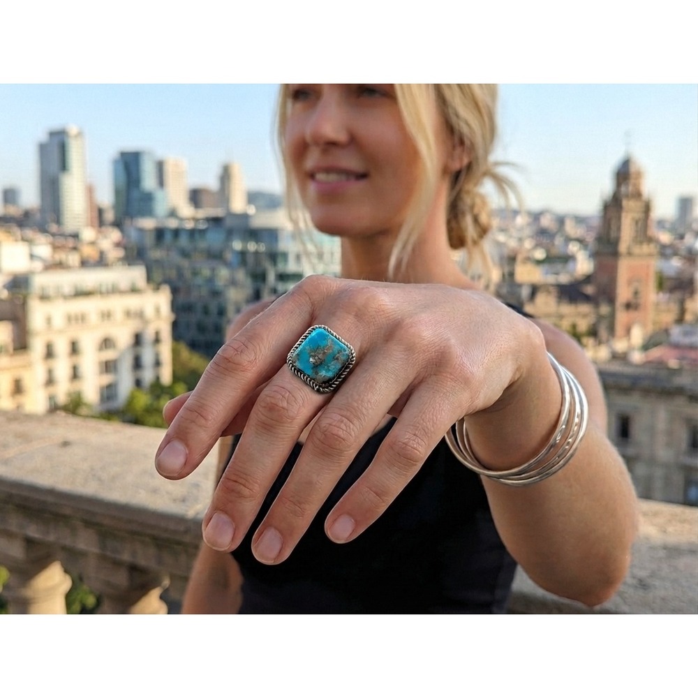 Compressed Turquoise Slab Ring Sterling Silver Square Jewelry Size 6.75US